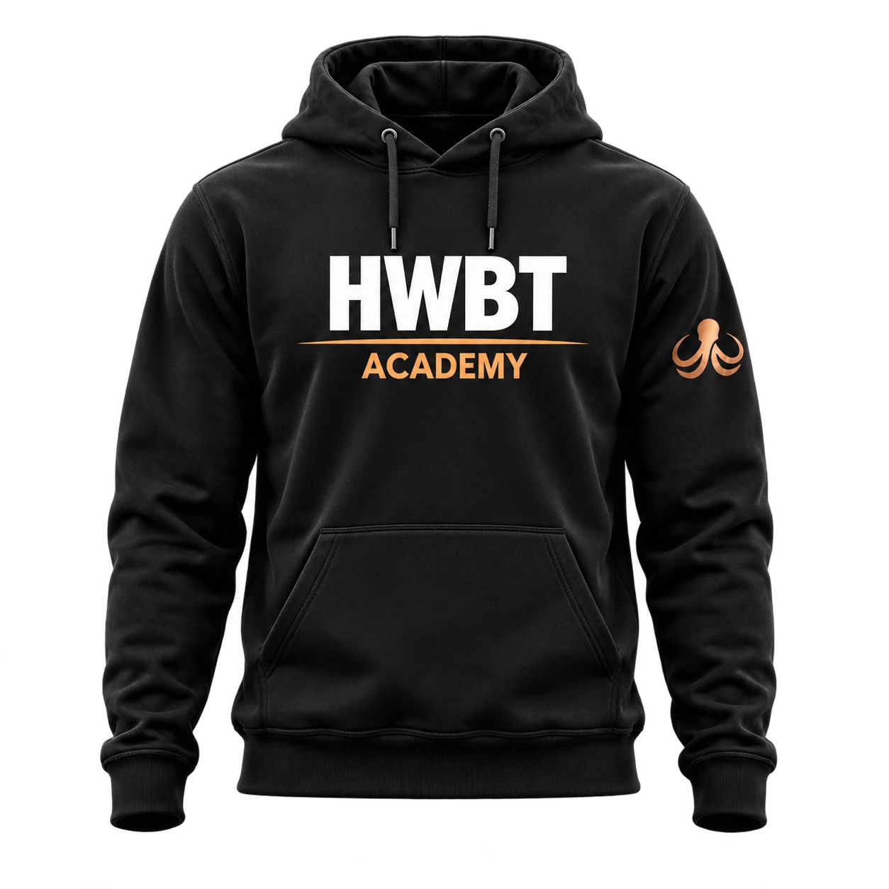 Hoodie noir HWBT Academy avec pieuvre bronze — vue avant